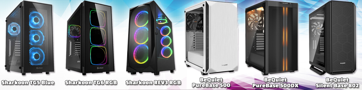 PC-Gehäuse von links nach rechts: Sharkoon TG5 Blue, Sharkoon TG6 RGB, Sharkoon Rev3 RGB, BeQuiet PureBase 500 White, BeQuiet PureBase 500DX Black, BeQuiet Silent Base 802