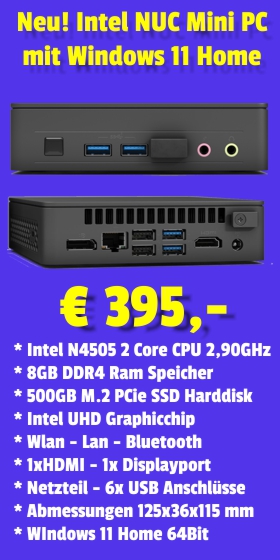 Neu! Intel NUC Mini-PC mit Windows 11 Home ab 395 €