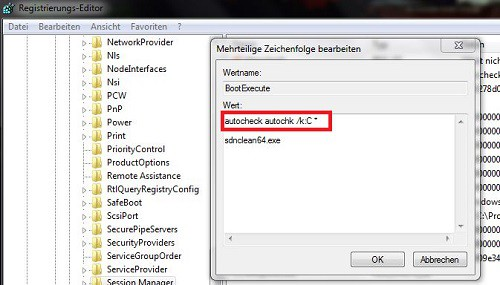 Eingabe von "autocheck autochk /k:C *" im Windows-Registry-Editor