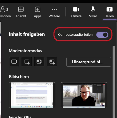 Microsoft Teams: Computeraudio teilen